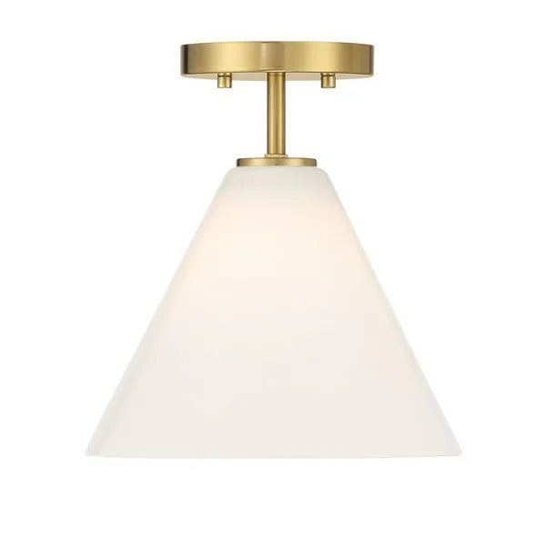 Warm brass mini-pendant or semi-flush light with smooth white conical glass shade