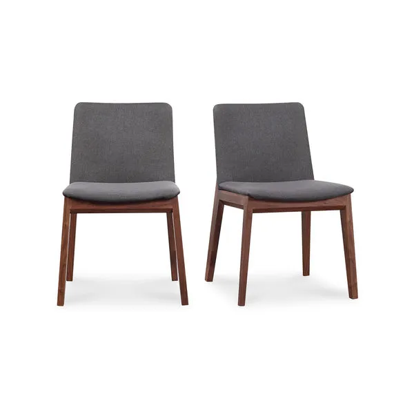 Set of two Deco Dining Chairs with solid walnut frames and gray upholstered polyester seats and backs.
