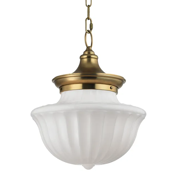 Large pendant with fluted opaque glass shade and antique brass metal fixture in schoolhouse style