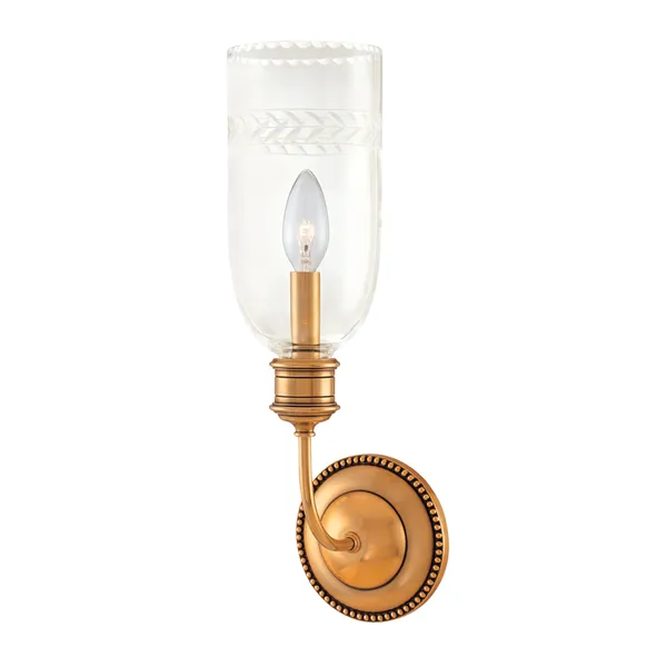 Lafayette 1 Light Wall Sconce with tall scalloped etched glass shade and patinated beaded cast metal backplate