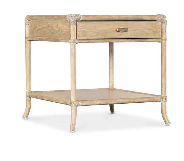Retreat Pole Rattan End Table in sand-colored dune finish, oak and maple veneer, with rope-wrapped joints and single drawe...