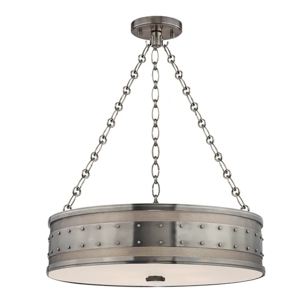 Gaines 4 Light Pendant with studded rivets, perforated metalwork band, and brushed metal finish suspended by three chain l...
