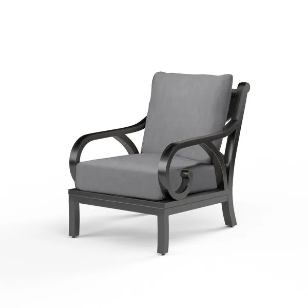 Espresso powder coated Monterey Club Chair with Old World Copper Rub and gray cushions, outdoor accent seating