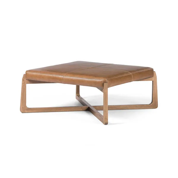 Square ottoman with sonoma butterscotch top grain leather upholstery and wooden cross base