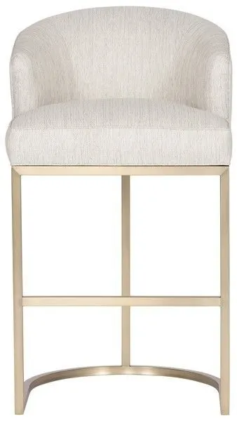 Charley Barrel Base Stool with barrel-shaped cream fabric seat and warm brass-finished base with open frame