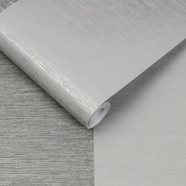 Gray striped wallpaper with embossed texture, shown rolled and flat, featuring subtle horizontal lines