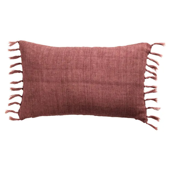 Rectangular Majere Solid Rose Pillow in a romantic rose hue with linen fabric and knotted tassels on sides