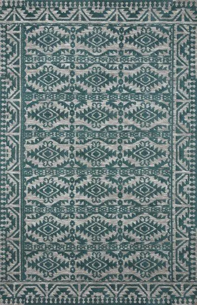 Yeshaia teal and dove traditional rug with strong geometric and architectural patterns in teal on dove gray background