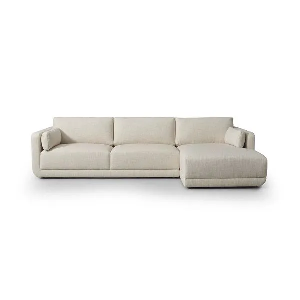 Cream 2-piece sectional sofa with chaise, loose cushions, smooth linear base, and basketweave fabric texture