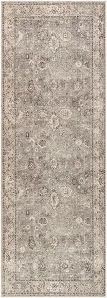 Taupe and gray traditional machine woven runner rug with intricate floral and geometric motifs