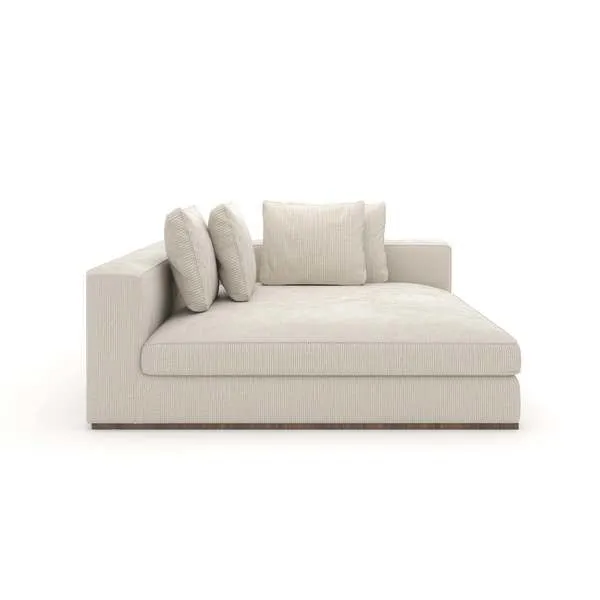 Right-facing corner chaise sofa in light beige corduroy fabric with four matching down pillows and a generous armrest