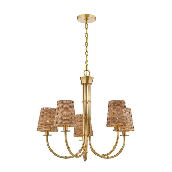 Ashbury chandelier showing side profile with five rattan shades and bamboo-textured arms