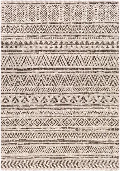 Black and white geometric pattern rug with alternating triangles and diamond shapes in flat weave style