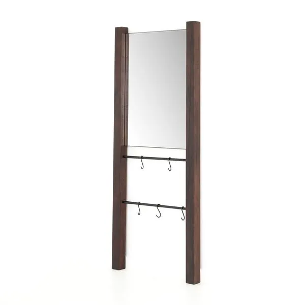Beldon Entry Mirror with tall dark wooden frame, two horizontal black metal bars with hooks, and beveled glass mirror