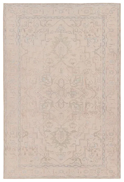 Josephine Medallion beige and light blue traditional rug with vintage ornate medallion and low-pile polyester texture