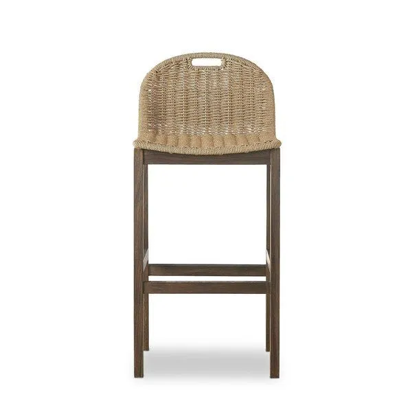 Woven natural textured bar stool with handle on backrest and stained teak wooden base