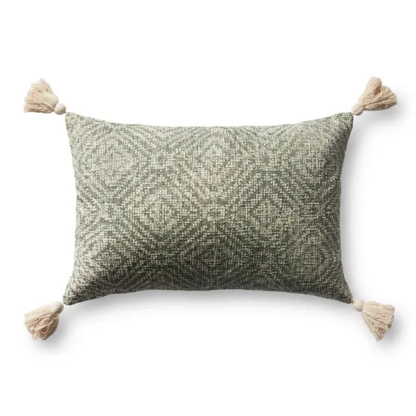 Rectangular green pillow with modern tribal diamond pattern and natural cotton tassels on each corner