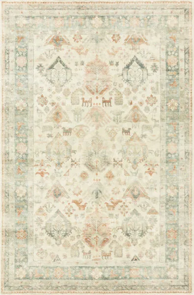 Rosette Beige multi rug with a soft, vintage floral medallion design and a faded blue border on a plush beige background