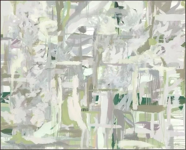 Abstract painting with soft greens, whites, and neutrals in layered forest-inspired composition