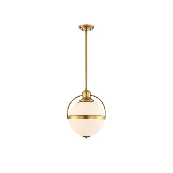 Westbourne 1-light pendant with round white opal glass shade and warm brass finish, adjustable hanging rod
