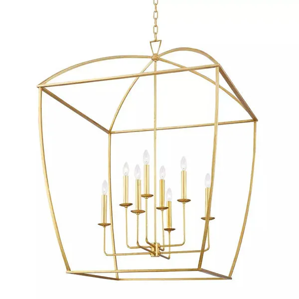 Gold Bryant 8 Light Extra Large Pendant with thin geometric frame and candelabra base holding eight bulbs