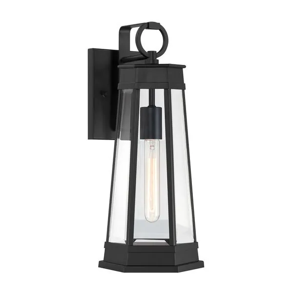 Payne 1-light outdoor wall lantern in matte black with tapered clear beveled glass panels and geometric top ring detail