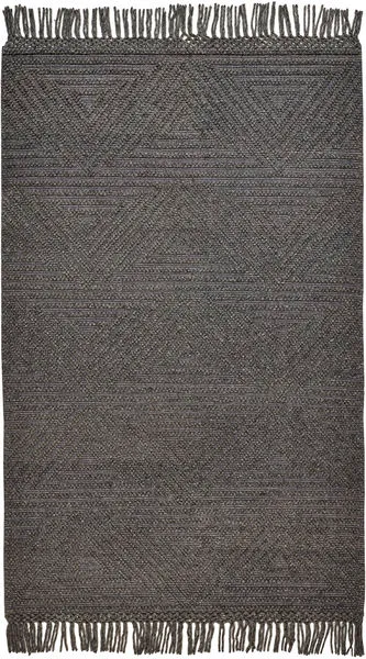 Charcoal gray geometric rug with triangular patterns and fringed edges in 8x10 size