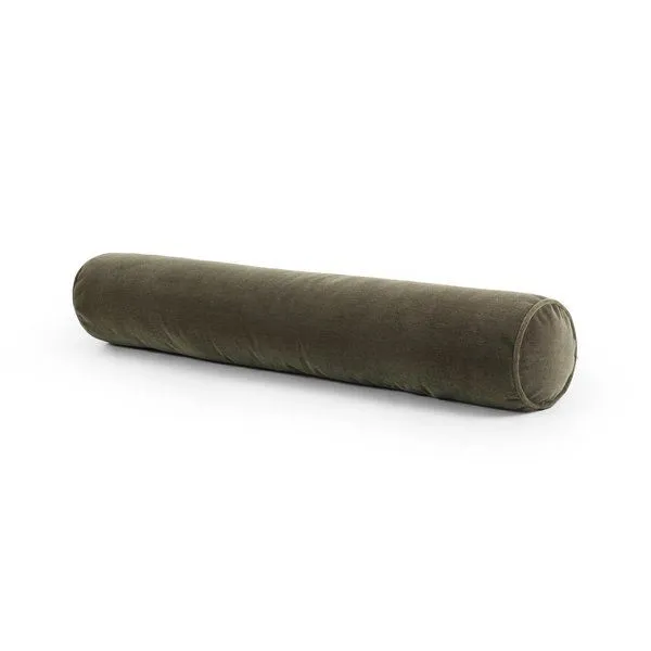 Long olive wool velvet bolster pillow with hidden zipper and smooth rounded ends