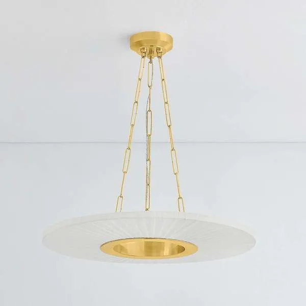 Prattsburgh chandelier with disc-shaped faux silk shade and gold jewelry-like chain suspension