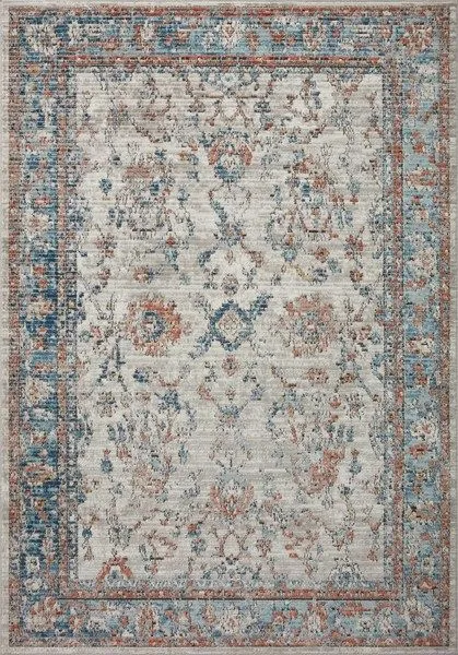 Vintage style rectangular rug with distressed floral pattern in dove, rust, and blue tones