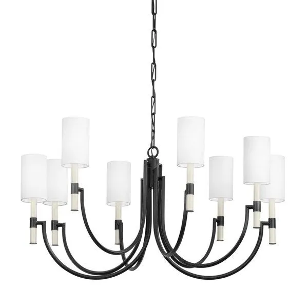 Gustine 8 Light Forged Iron Chandelier with downward sweeping black iron arms and cream candle sleeves on square metal tubes