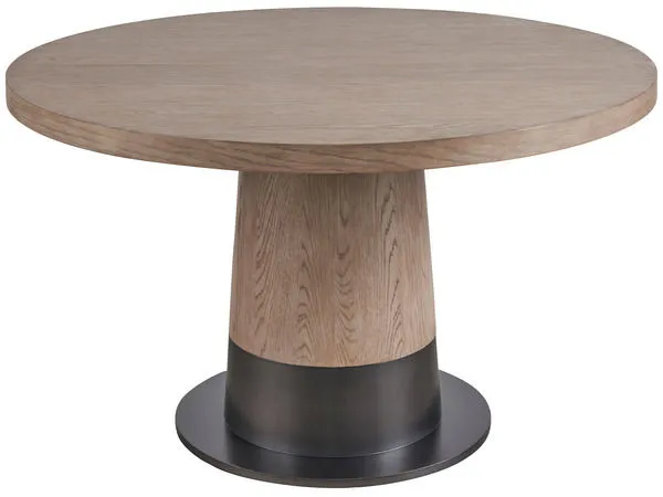 Solara Dining Table with rounded gray oak top and satin pewter metal base in mid-century style