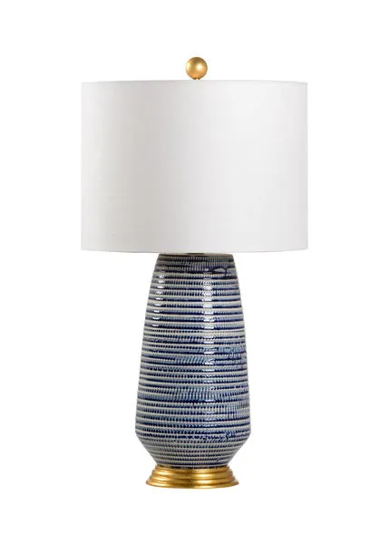 Porcelain table lamp with cobalt blue and white beehive texture, antique gold base and finial, off-white linen drum shade