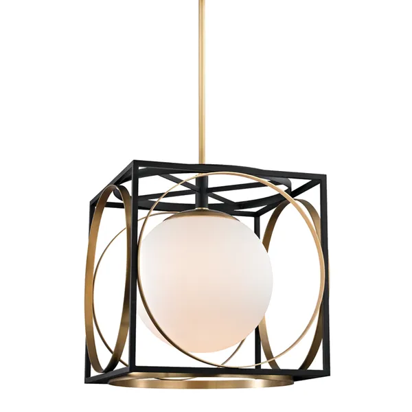 Wadsworth 1 Light Pendant with modern black square frame and intersecting gold rings surrounding a central frosted glass orb