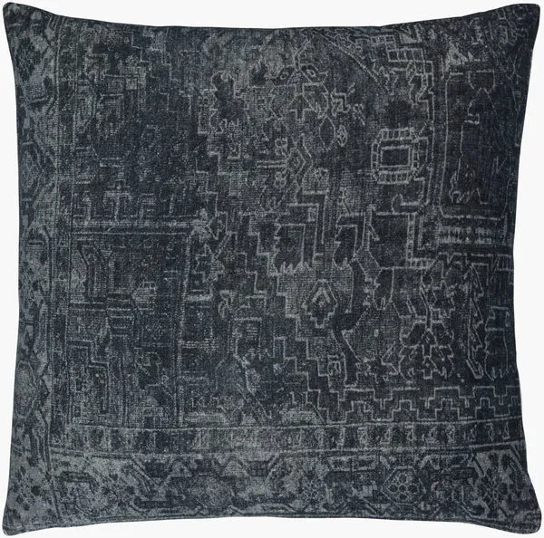 Toole Slate Accent Pillow with vintage rug-inspired geometric pattern in deep slate gray on velvety soft cotton