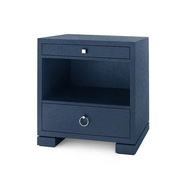 Navy blue Frances 2-drawer side table with lacquered grasscloth finish, ring and square metal drawer pulls