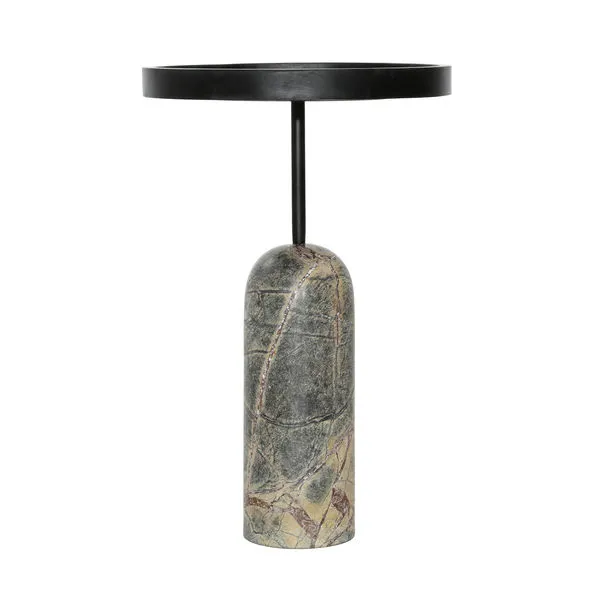 Saul End Table featuring a black wood round tray top supported by a green marble cylindrical base with organic veining
