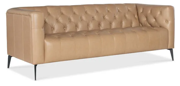 Nicolla Stationary Sofa in Texas Stone leather with button tufting, chesterfield-inspired arms, and black tapered metal legs