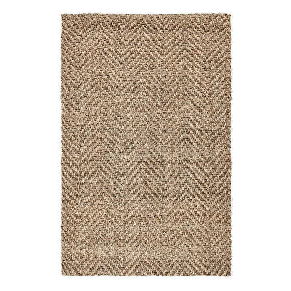 Rectangular handwoven jute area rug with a classic neutral chevron pattern