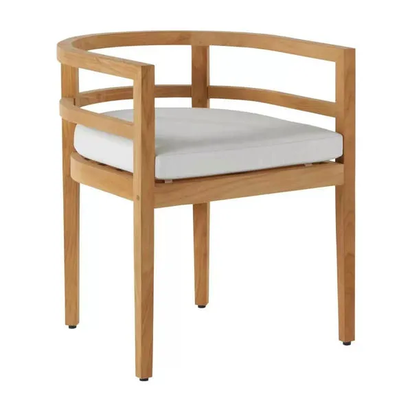 Santa Barbara Teak Barrel Back Arm Chair with natural teak frame and white cushioned seat