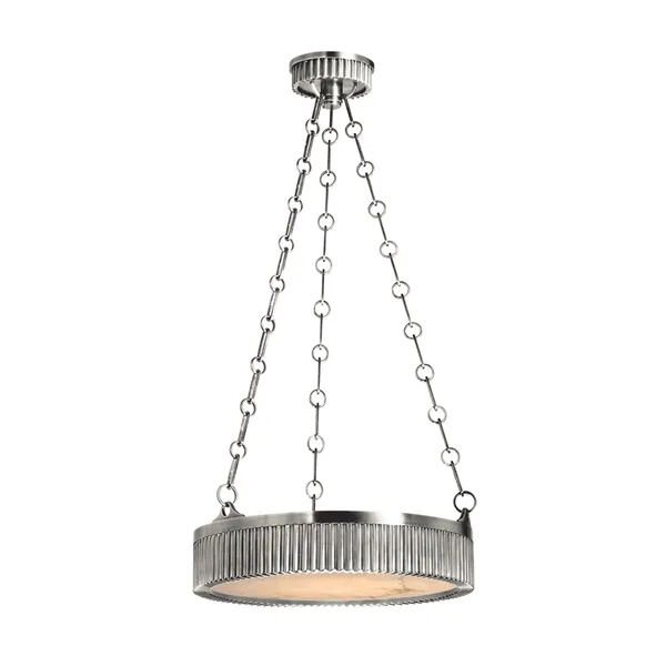 Lynden 4 Light Pendant with alabaster diffuser and decorative disc canopy, suspended by triple metal chains