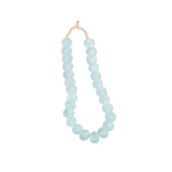 Vintage sea glass beads strand in soft blue with rustic twine tie, beads roughly 1.25 inch diameter