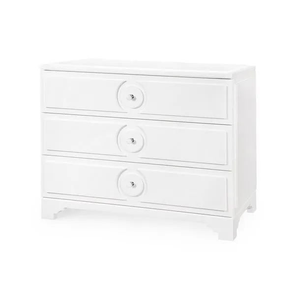 White lacquered Savoy Medium 3-drawer dresser with recessed drawer borders and round central drawer pulls