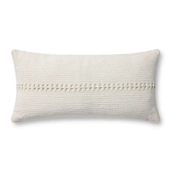 Elongated ivory lumbar pillow with textured woven stripe detail centered, 12 by 27 inches cotton cover