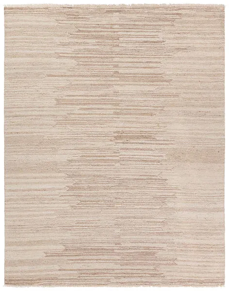 Hand-tufted striped rug with tan and cream tones, center column of darker brown accents, and gray fringe