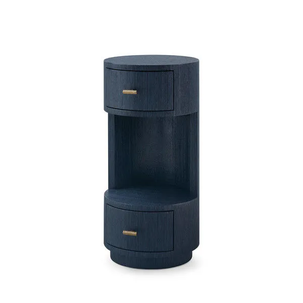 Aaron 2-Drawer End Table in selvage blue with round silhouette and open middle shelf