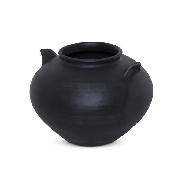 Aged black terracotta rounded vase with rolled lip and two small handles, hand-thrown clay texture