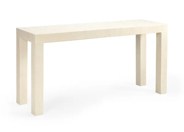 White raffia covered rectangular console table with thick square legs and clean modern lines