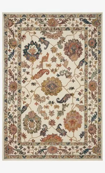Padma White Multi Rug with bold multicolor floral and leaf patterns on a creamy white background with thick wool pile