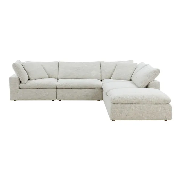 Clay Dream Modular Sectional in light beige with feather-filled cushions and blocky arms arranged in an L-shape